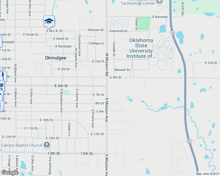 map of restaurants, bars, coffee shops, grocery stores, and more near 101 South Mission Lane in Okmulgee