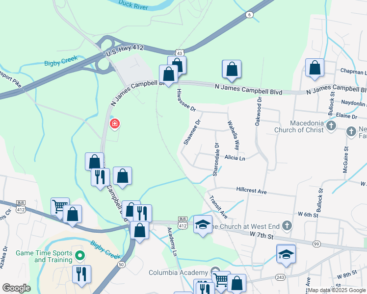 map of restaurants, bars, coffee shops, grocery stores, and more near 409 Shawnee Drive in Columbia