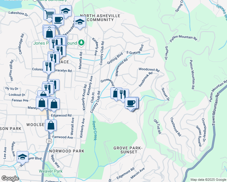 map of restaurants, bars, coffee shops, grocery stores, and more near 73 Grovewood Road in Asheville