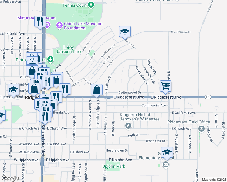 map of restaurants, bars, coffee shops, grocery stores, and more near 113 Purple Sage Lane in Ridgecrest