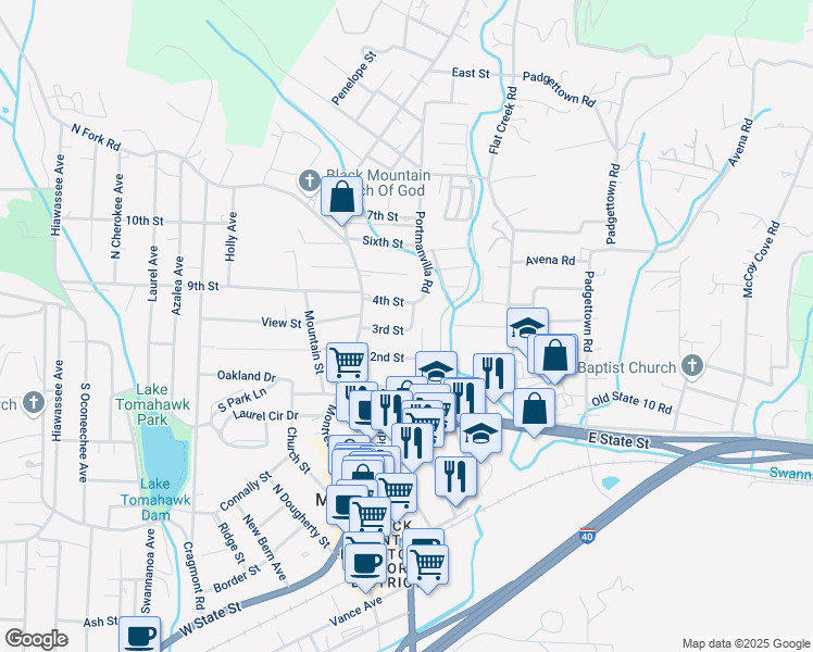 map of restaurants, bars, coffee shops, grocery stores, and more near 120 3rd Street in Black Mountain