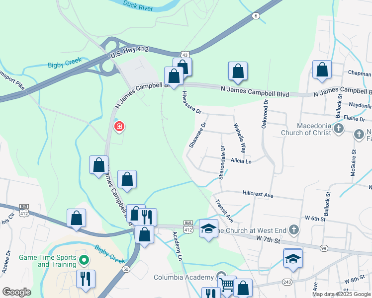 map of restaurants, bars, coffee shops, grocery stores, and more near 409 Shawnee Drive in Columbia