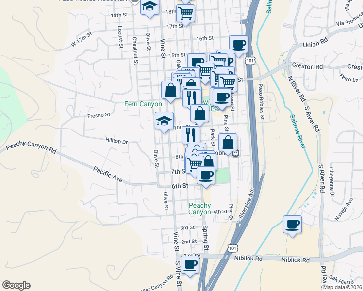 map of restaurants, bars, coffee shops, grocery stores, and more near 517 9th Street in Paso Robles