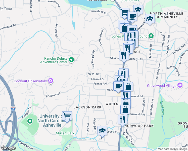 map of restaurants, bars, coffee shops, grocery stores, and more near 25 Hy Vu Drive in Asheville