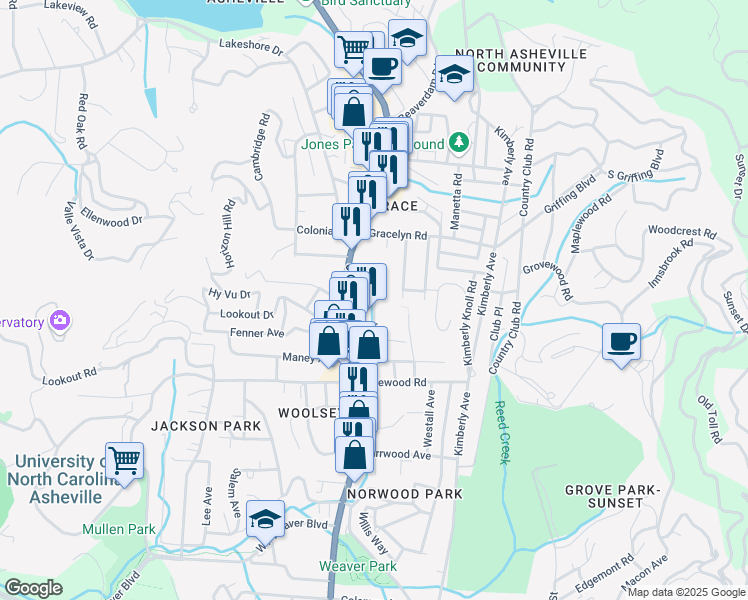 map of restaurants, bars, coffee shops, grocery stores, and more near 125 Long Street in Asheville