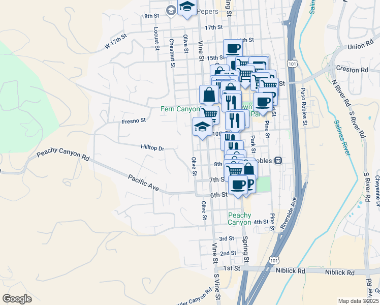 map of restaurants, bars, coffee shops, grocery stores, and more near 421 9th Street in Paso Robles