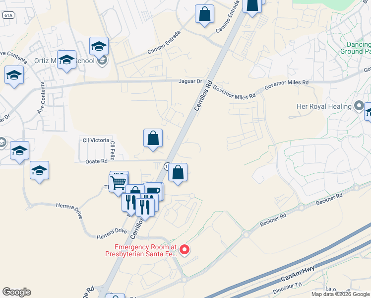 map of restaurants, bars, coffee shops, grocery stores, and more near 355 C Old Denver Highway in Santa Fe