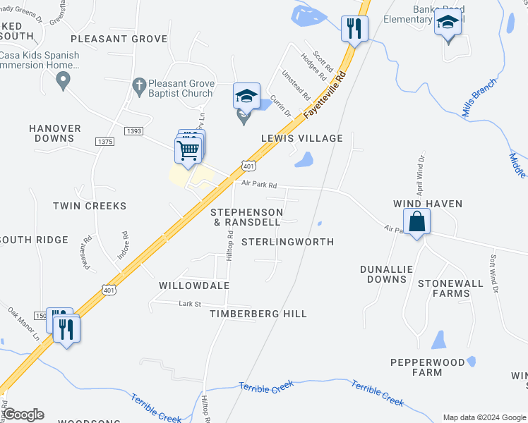 map of restaurants, bars, coffee shops, grocery stores, and more near 2324 Buckstone Court in Fuquay Varina