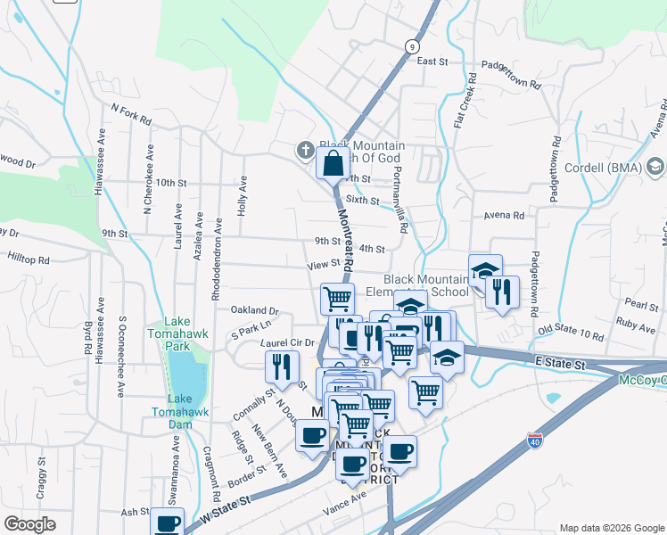 map of restaurants, bars, coffee shops, grocery stores, and more near 105 View Street in Black Mountain