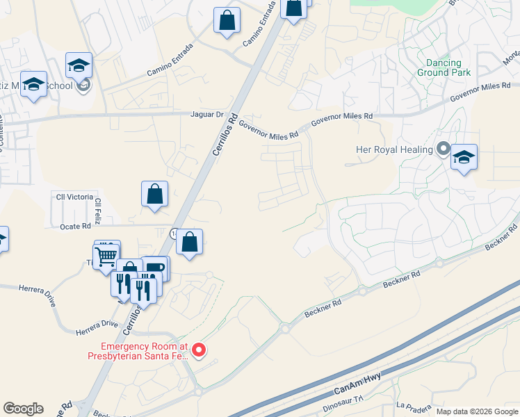 map of restaurants, bars, coffee shops, grocery stores, and more near 6680 Cerrillos Road in Santa Fe