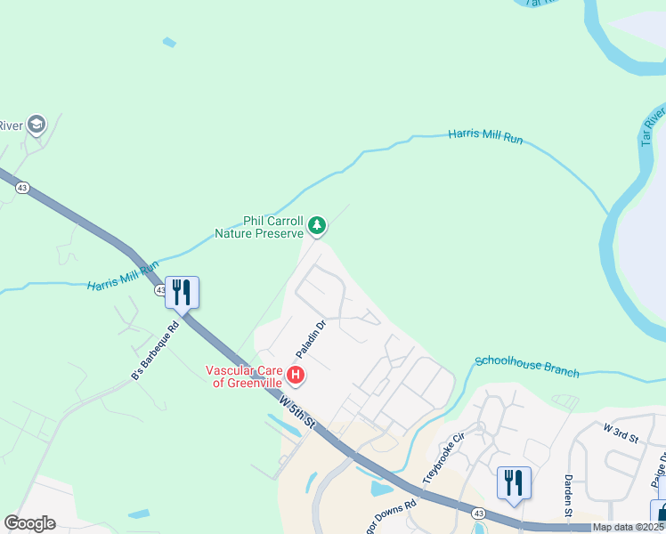 map of restaurants, bars, coffee shops, grocery stores, and more near 2712 Bluff View Drive in Greenville