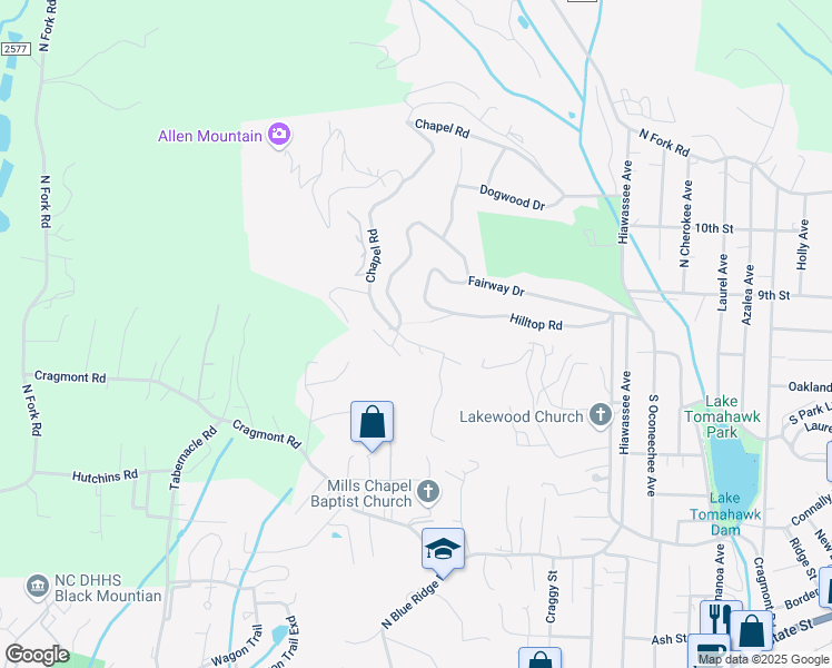 map of restaurants, bars, coffee shops, grocery stores, and more near 300 Allen Mountain Drive in Black Mountain