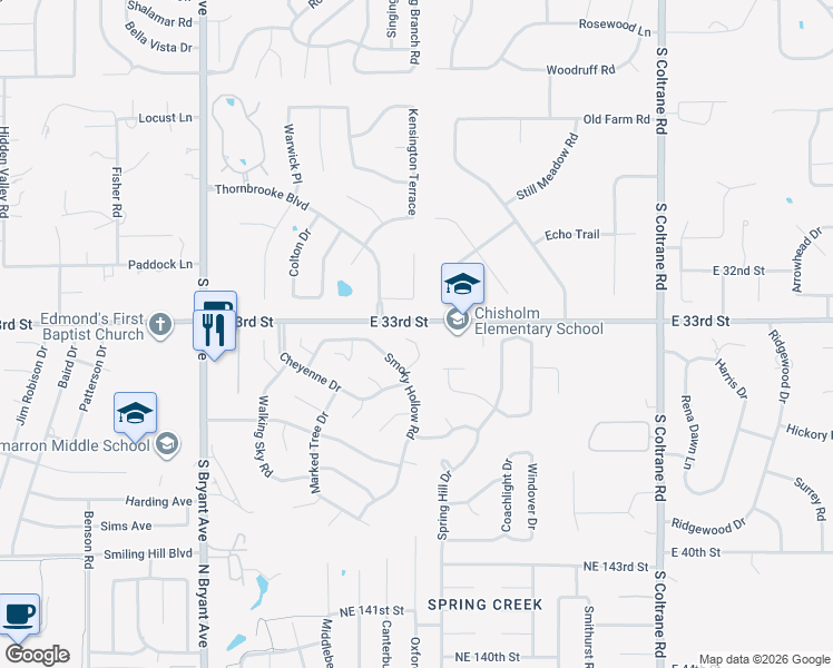 map of restaurants, bars, coffee shops, grocery stores, and more near 3304 Rock Creek Road in Edmond
