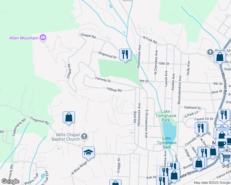 map of restaurants, bars, coffee shops, grocery stores, and more near 137 Hilltop Rd in Black Mountain