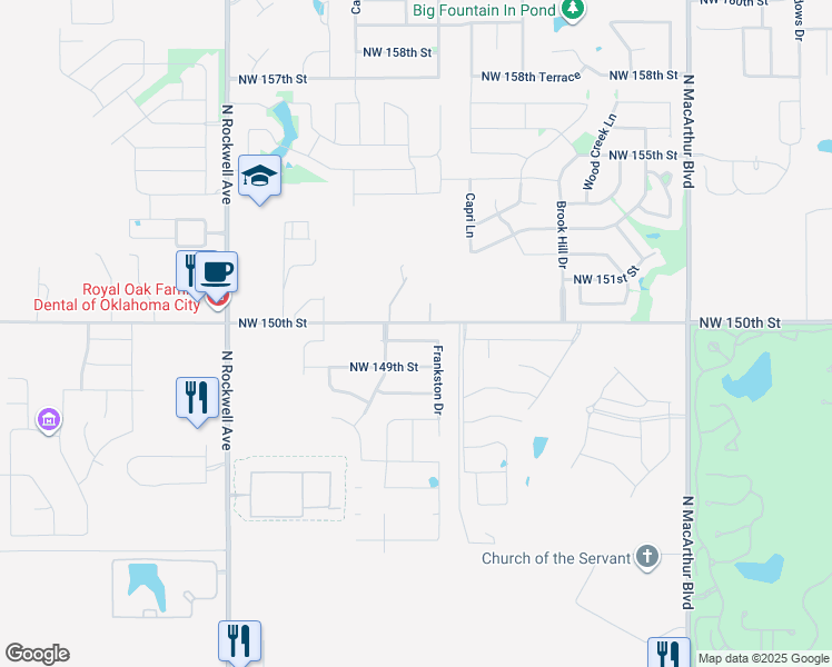 map of restaurants, bars, coffee shops, grocery stores, and more near 6613 Northwest 150th Terrace in Oklahoma City