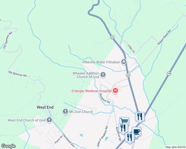 map of restaurants, bars, coffee shops, grocery stores, and more near 845 Rockfort Road in Pikeville