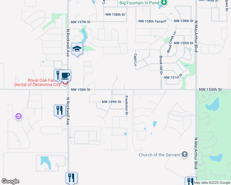 map of restaurants, bars, coffee shops, grocery stores, and more near 6613 Northwest 150th Terrace in Oklahoma City