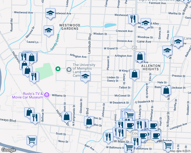 map of restaurants, bars, coffee shops, grocery stores, and more near 324 Linden Street in Jackson