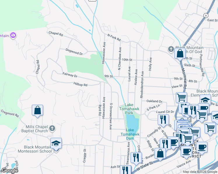 map of restaurants, bars, coffee shops, grocery stores, and more near 603 Tomahawk Avenue in Black Mountain