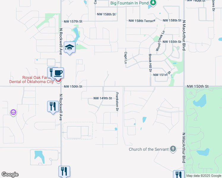 map of restaurants, bars, coffee shops, grocery stores, and more near 6613 Northwest 150th Terrace in Oklahoma City