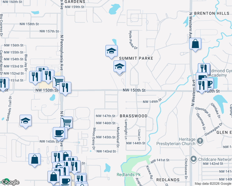 map of restaurants, bars, coffee shops, grocery stores, and more near 1609 Northwest 150th Terrace in Edmond