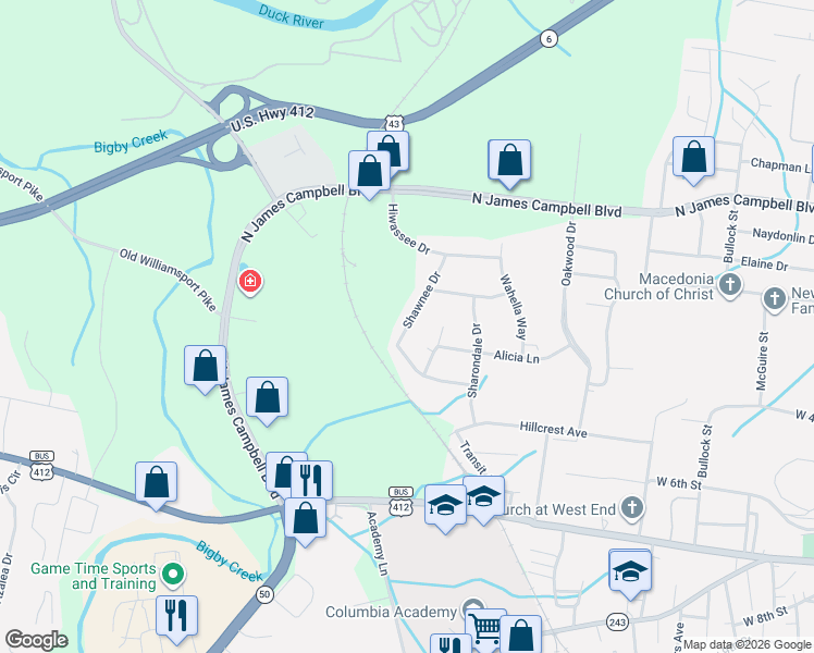 map of restaurants, bars, coffee shops, grocery stores, and more near 413 Shawnee Drive in Columbia
