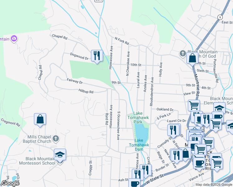 map of restaurants, bars, coffee shops, grocery stores, and more near 603 Tomahawk Avenue in Black Mountain