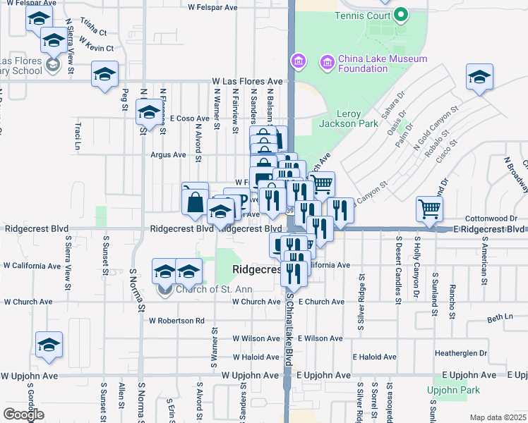 map of restaurants, bars, coffee shops, grocery stores, and more near 132 West Station Avenue in Ridgecrest