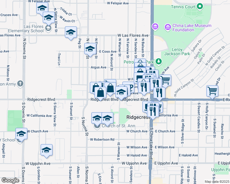 map of restaurants, bars, coffee shops, grocery stores, and more near 312 West Station Avenue in Ridgecrest