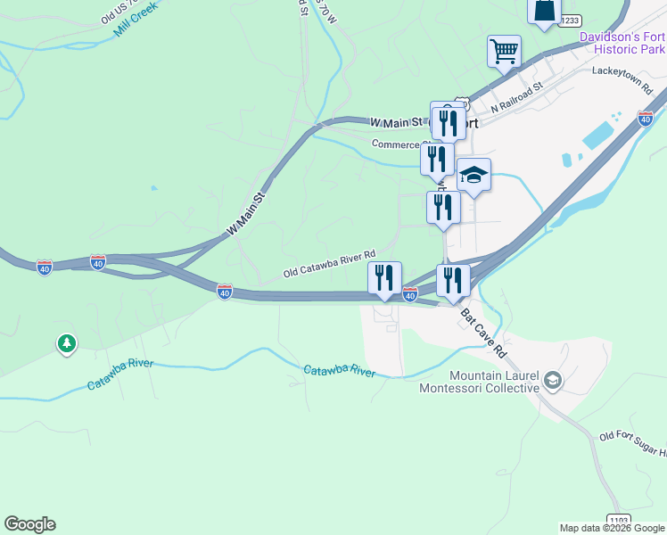 map of restaurants, bars, coffee shops, grocery stores, and more near 369 Old Catawba River Road in Old Fort