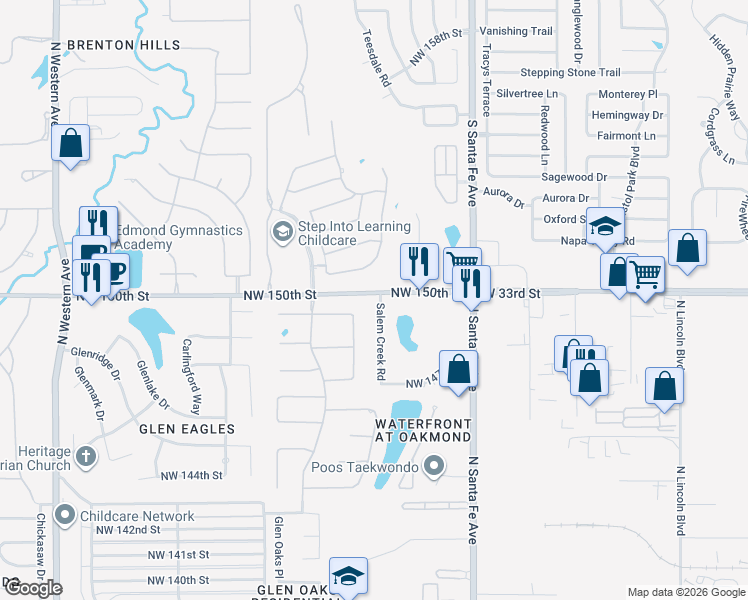 map of restaurants, bars, coffee shops, grocery stores, and more near 15021 Salem Creek Road in Edmond