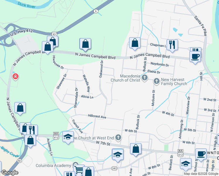 map of restaurants, bars, coffee shops, grocery stores, and more near 407 Winding Way in Columbia