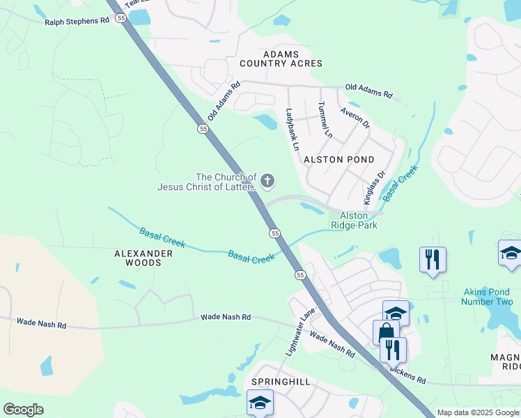 map of restaurants, bars, coffee shops, grocery stores, and more near 2100 North Broad Street in Holly Springs