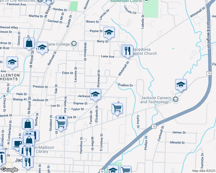 map of restaurants, bars, coffee shops, grocery stores, and more near 533-533-1 Preston Alley in Jackson