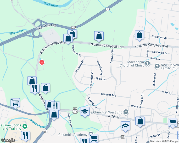 map of restaurants, bars, coffee shops, grocery stores, and more near 404 Sharondale Drive in Columbia