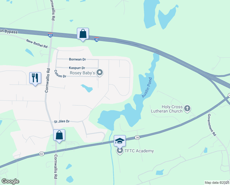 map of restaurants, bars, coffee shops, grocery stores, and more near 100 Dory Lane in Clayton