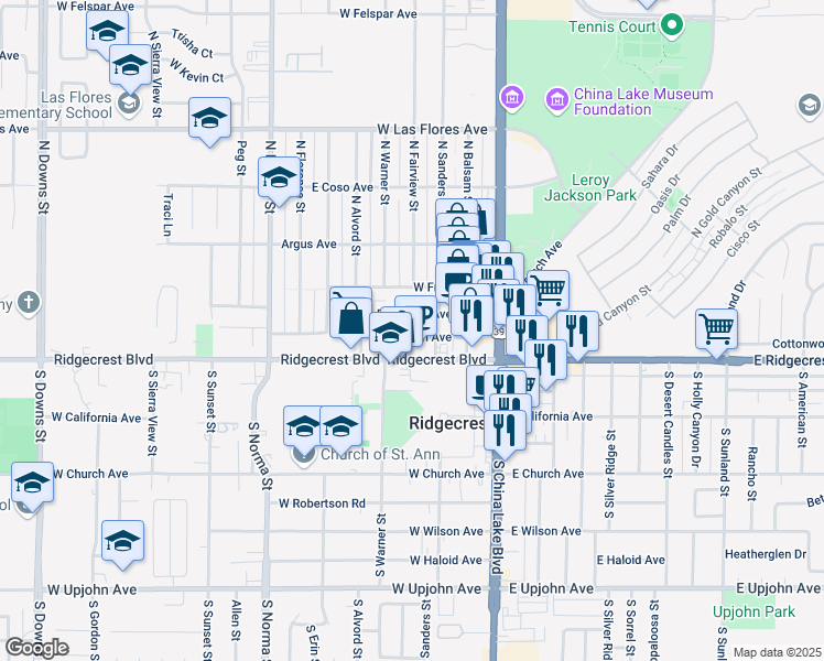 map of restaurants, bars, coffee shops, grocery stores, and more near 214 West Station Avenue in Ridgecrest