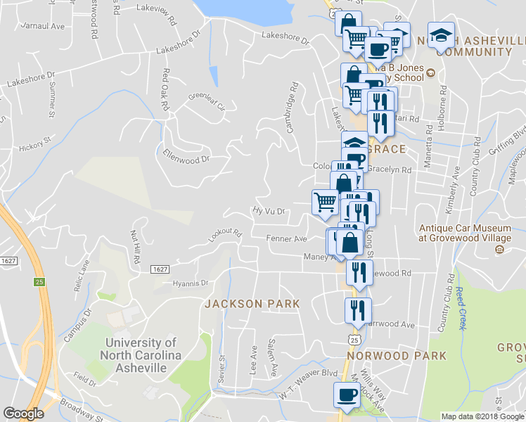 map of restaurants, bars, coffee shops, grocery stores, and more near 25 Hy Vu Drive in Asheville
