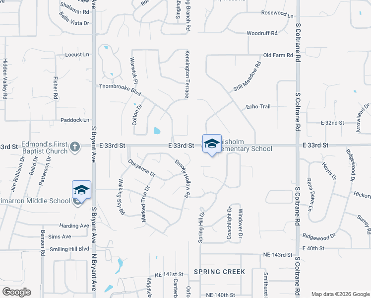 map of restaurants, bars, coffee shops, grocery stores, and more near 3304 Rock Creek Road in Edmond