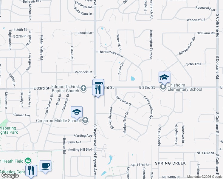 map of restaurants, bars, coffee shops, grocery stores, and more near 3301 Choctaw Drive in Edmond