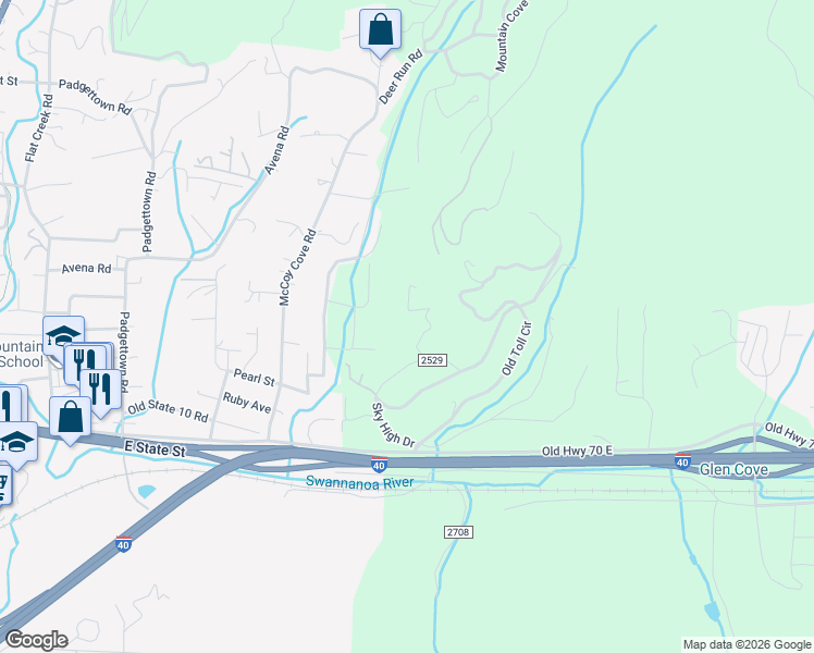 map of restaurants, bars, coffee shops, grocery stores, and more near 30 Sessler Road in Black Mountain