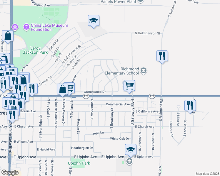 map of restaurants, bars, coffee shops, grocery stores, and more near 119 N Broadway St in Ridgecrest
