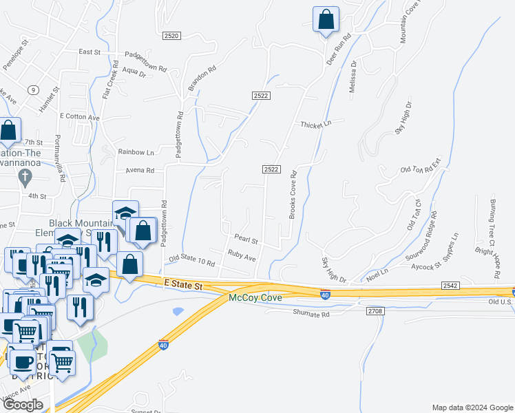 map of restaurants, bars, coffee shops, grocery stores, and more near 339 McCoy Cove Road in Black Mountain