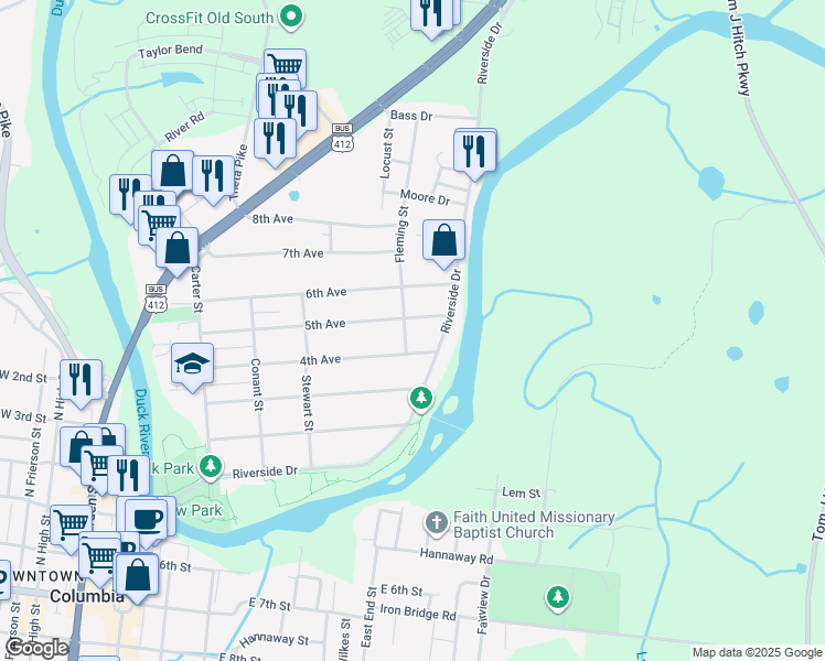 map of restaurants, bars, coffee shops, grocery stores, and more near 406 Fleming Street in Columbia