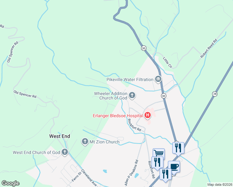 map of restaurants, bars, coffee shops, grocery stores, and more near 845 Rockfort Road in Pikeville