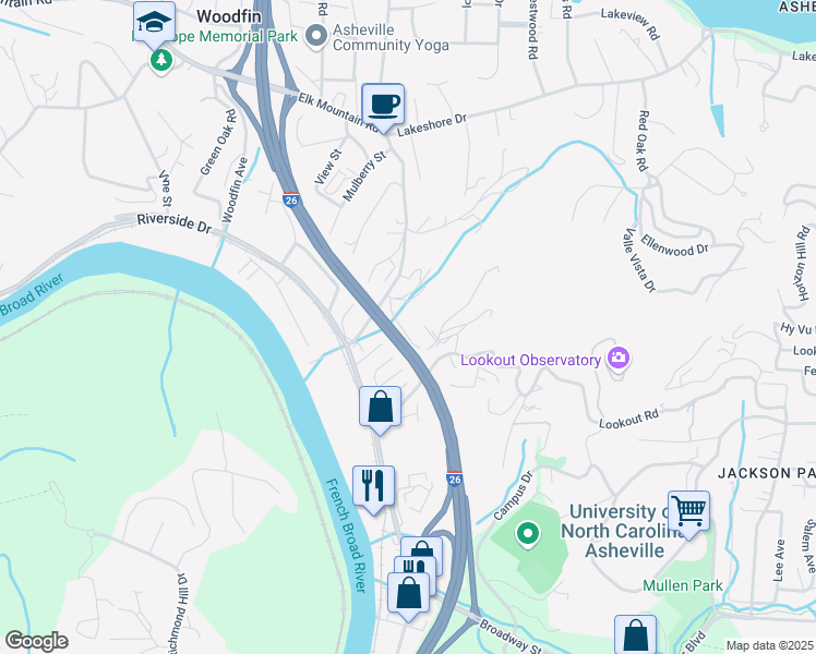 map of restaurants, bars, coffee shops, grocery stores, and more near 31 Poplar Lane in Woodfin
