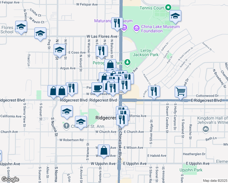 map of restaurants, bars, coffee shops, grocery stores, and more near 119 North China Lake Boulevard in Ridgecrest