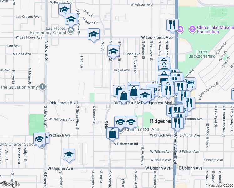 map of restaurants, bars, coffee shops, grocery stores, and more near 420 West Jean Avenue in Ridgecrest
