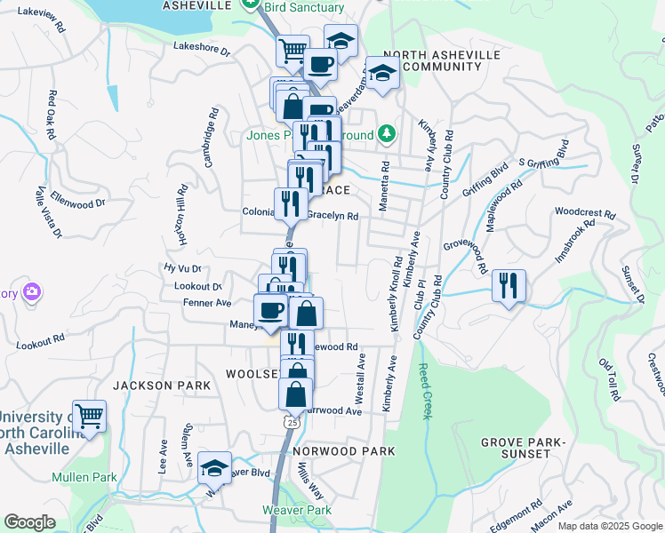 map of restaurants, bars, coffee shops, grocery stores, and more near 39 Melrose Avenue in Asheville