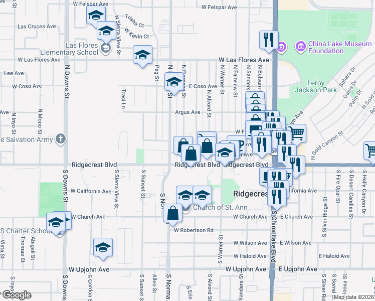 map of restaurants, bars, coffee shops, grocery stores, and more near 420 West Jean Avenue in Ridgecrest